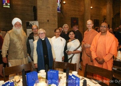 L-R Advisors Nirinjan Singh Khalsa (Sikh), Sura Das (Krishna),Rev. Dr. Guibord, Sister Gita Patel (Brahma Kumaris), Rini Ghosh and Swami Mahayogananda (Vedanta Society) and their guest Swami Tadananda)